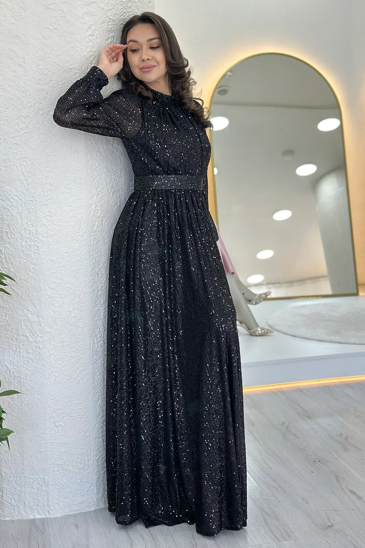 Women's Black Sequin Büzgü Detail Maxi Evening Gown