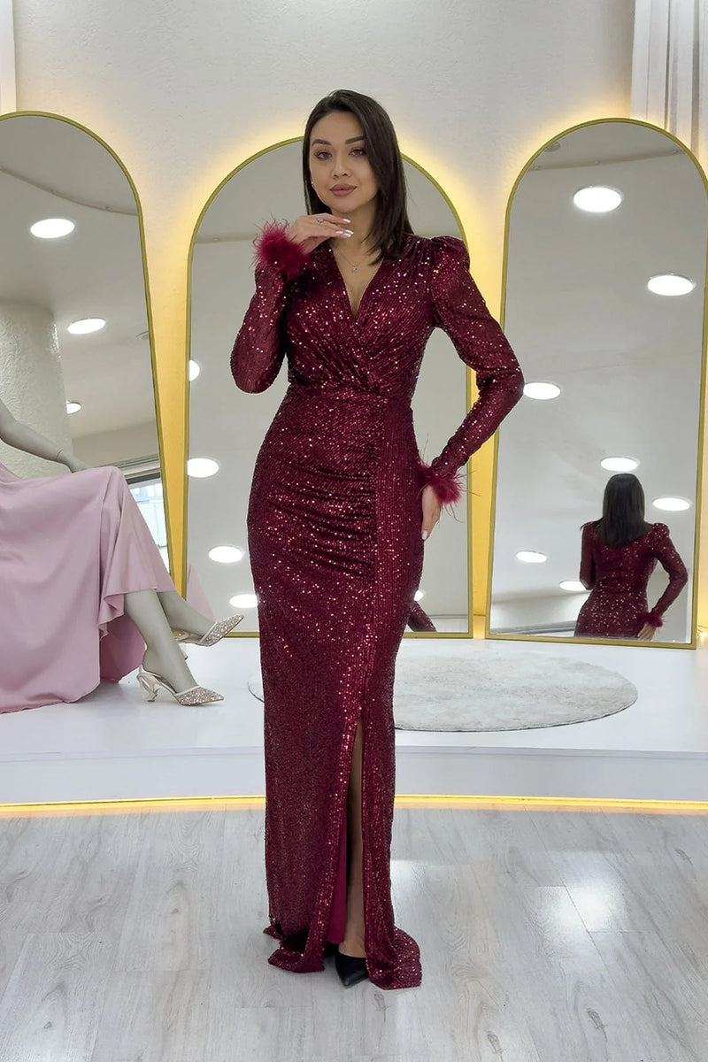 Burgundy Sequin Feather Design Maxi Evening Dress