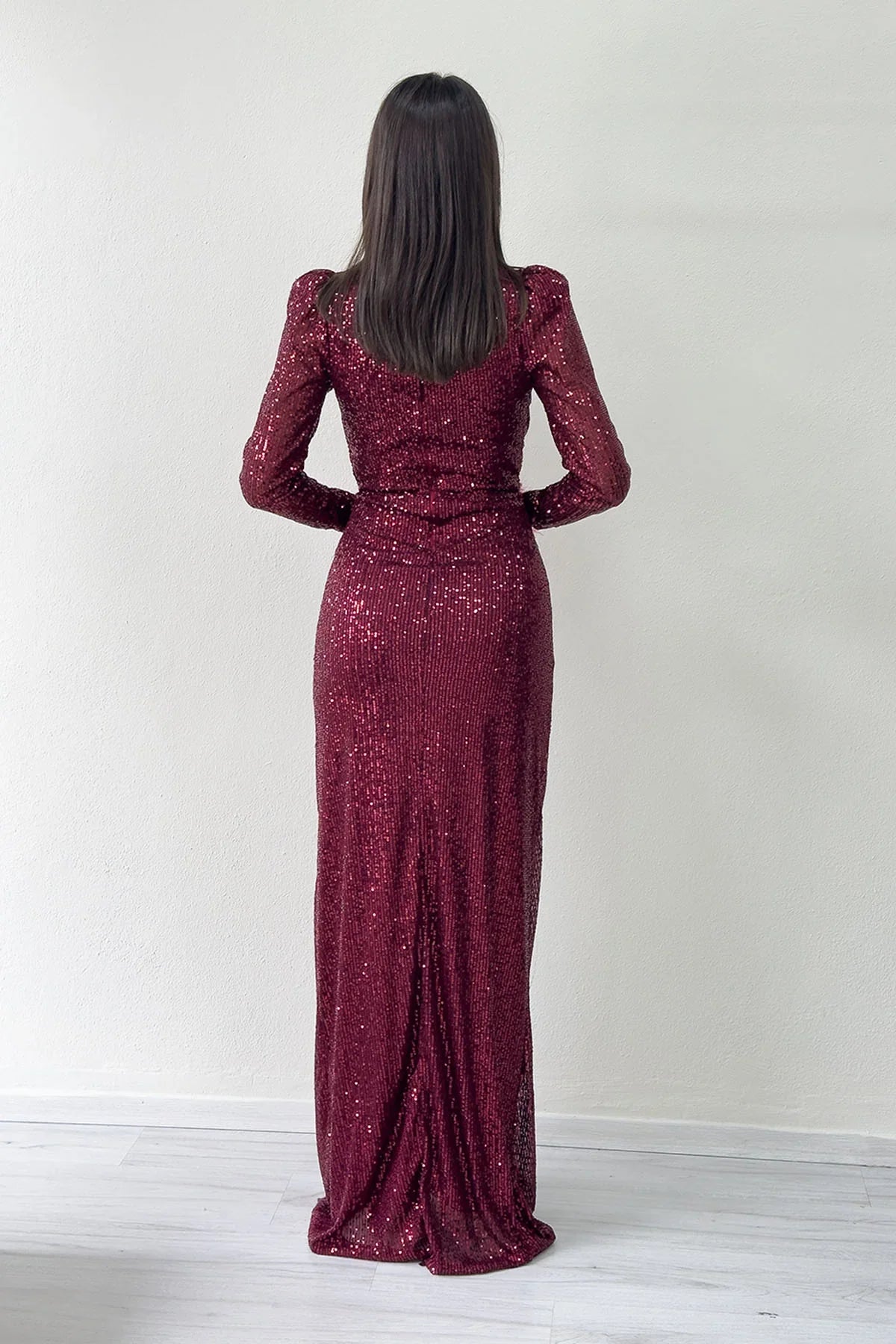 Burgundy Sequin Feather Design Maxi Evening Dress