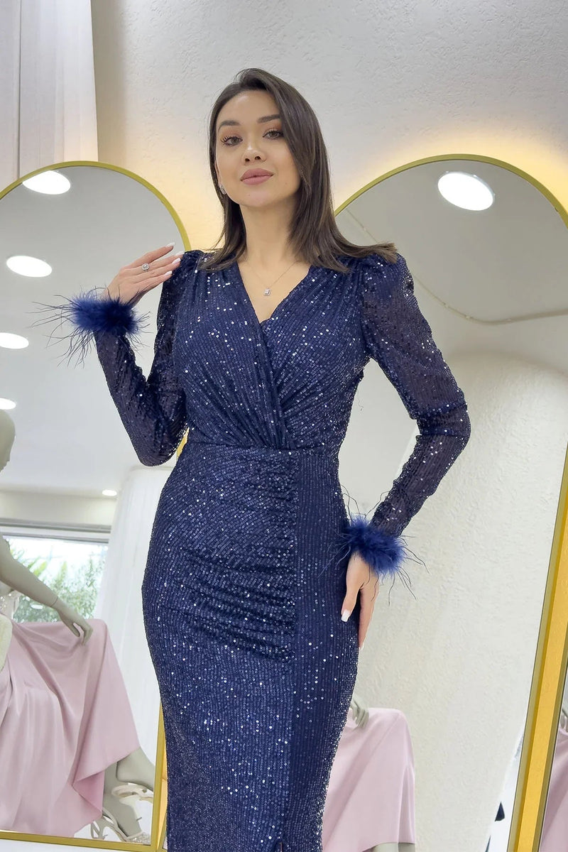 Navy Blue Sequin Feather Design Maxi Evening Dress