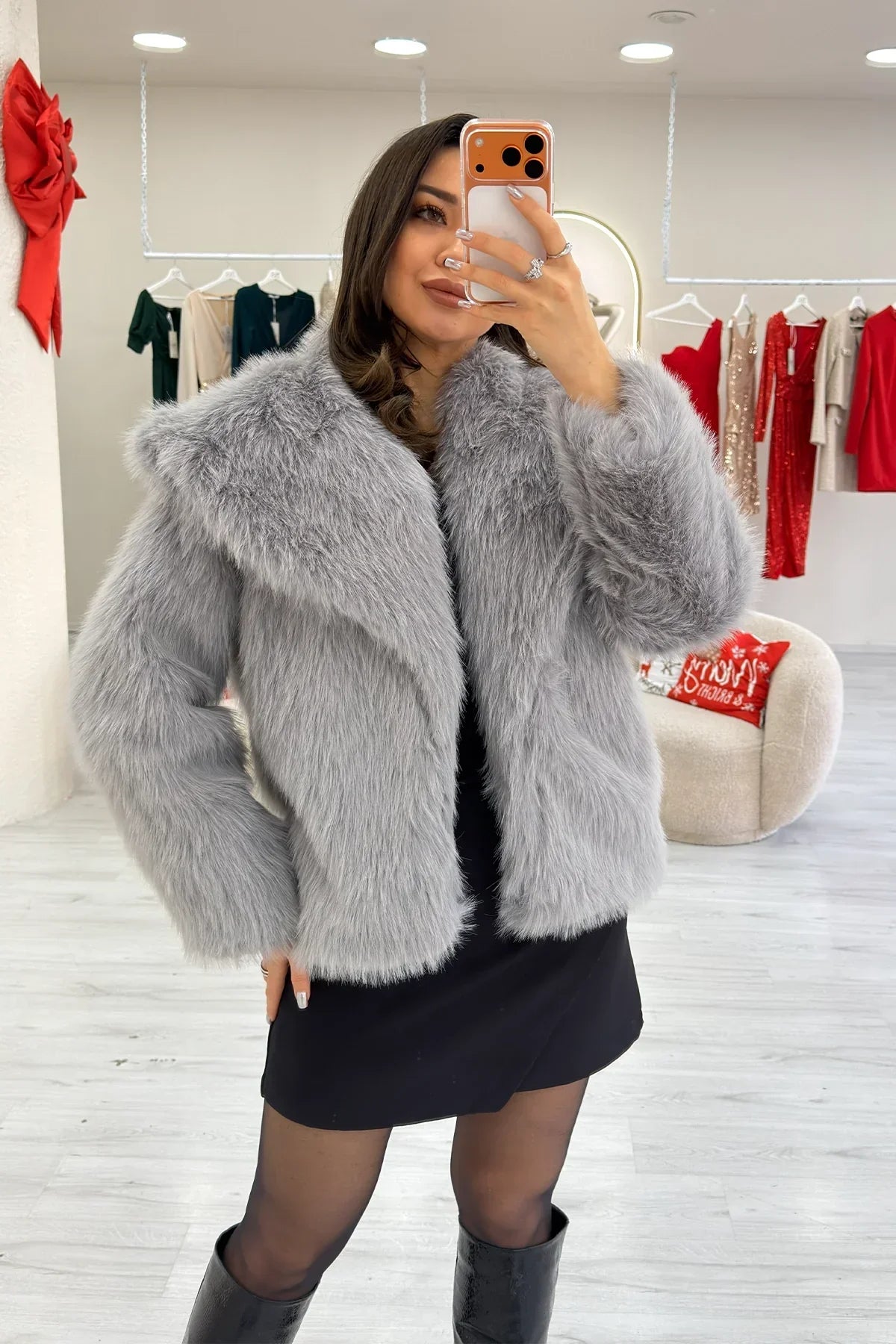 Women's Gray Necklı Yeni Sezon Yumuşak Plush Fur Coat