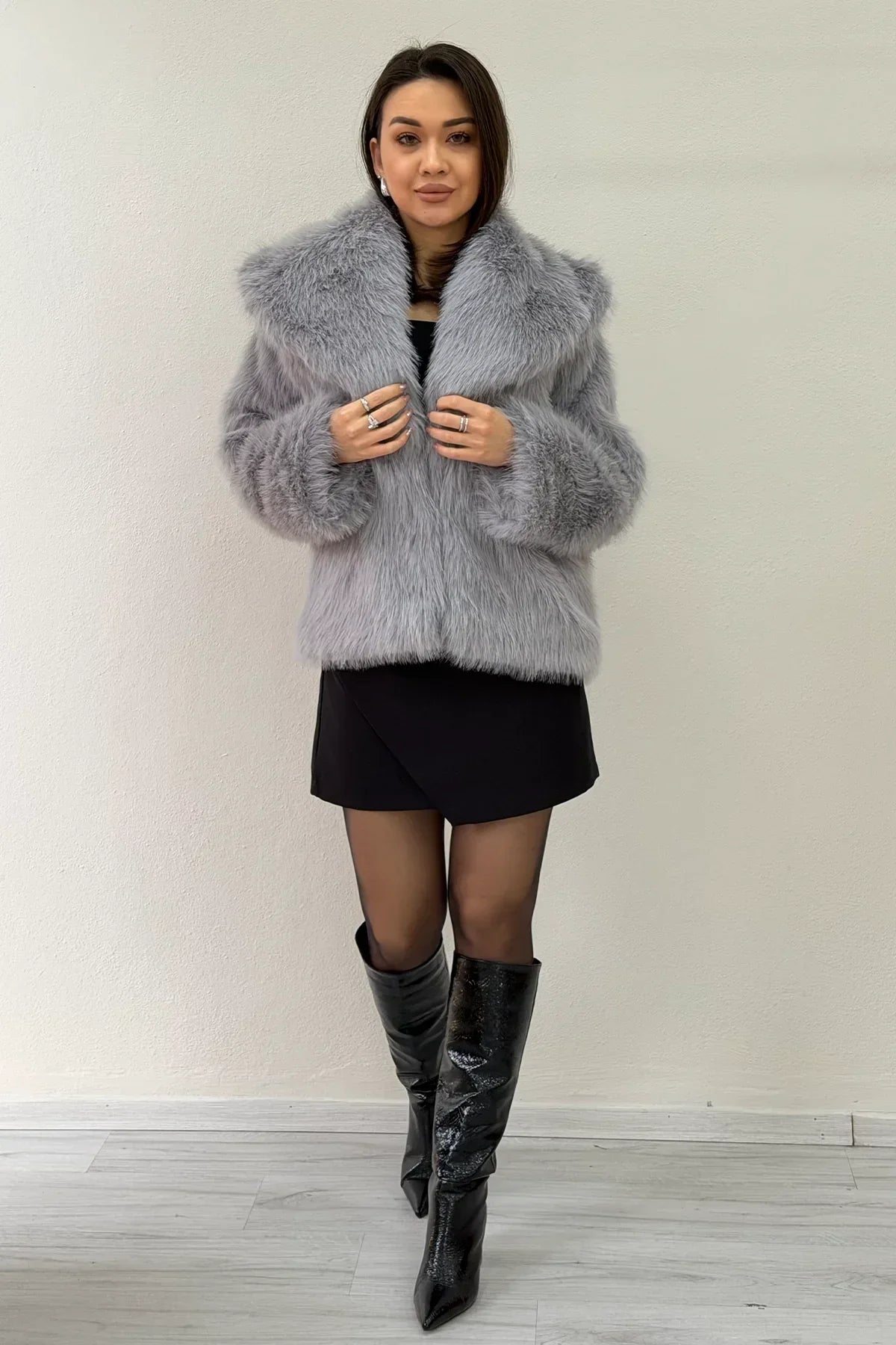 Women's Gray Necklı Yeni Sezon Yumuşak Plush Fur Coat