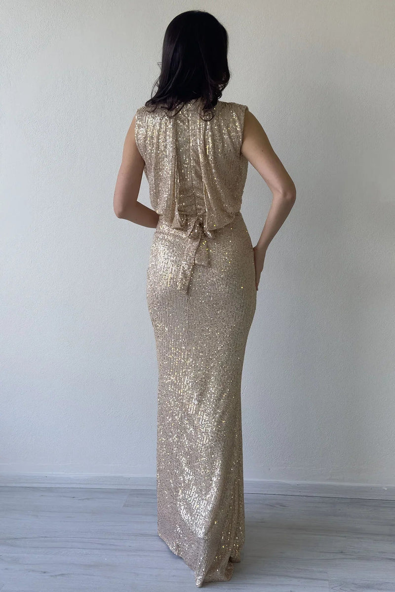 Women's Beige High Neck Kuşak Detail Slit Sequin Evening Gown