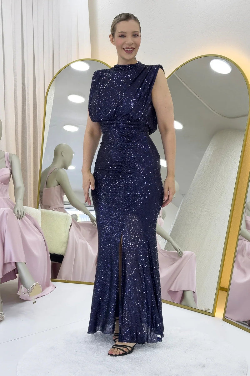 Women's Navy Blue High Neck Kuşak Detail Slit Sequin Evening Gown