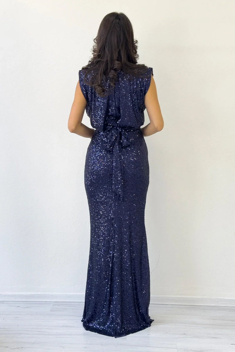 Women's Navy Blue High Neck Kuşak Detail Slit Sequin Evening Gown