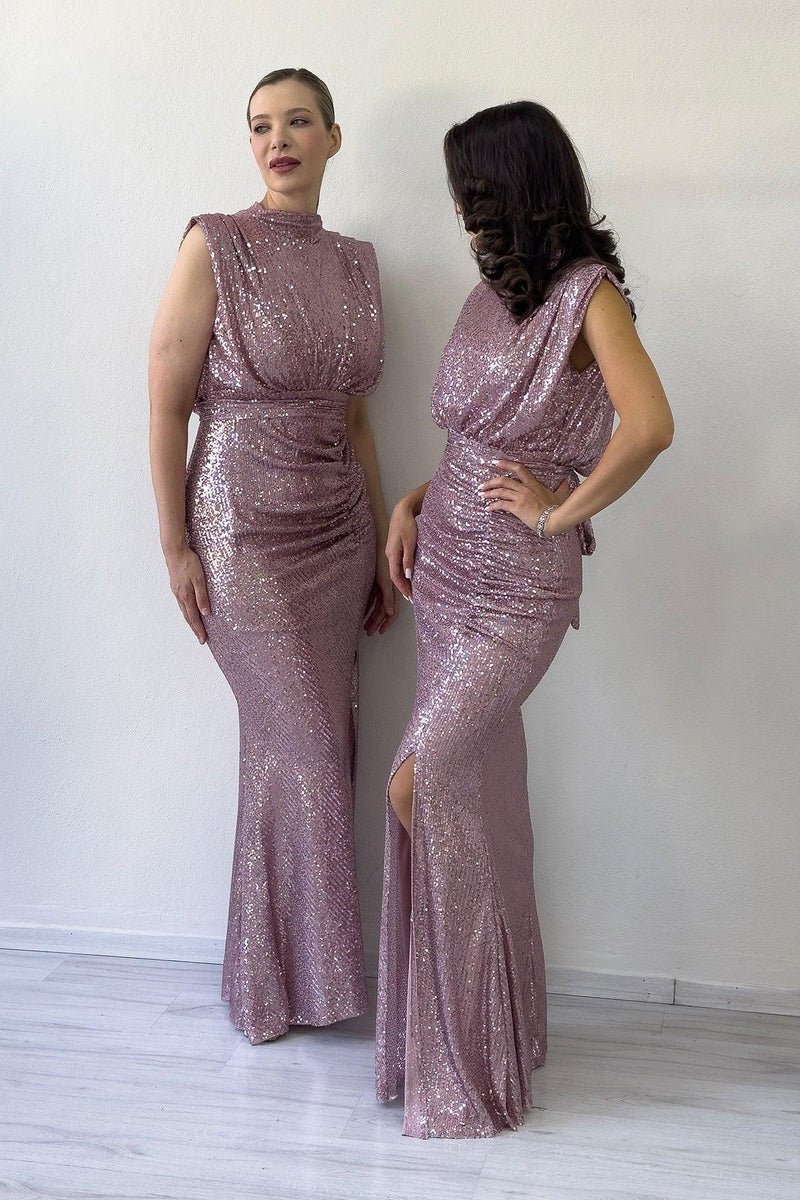 Women's Powder Pink High Neck Kuşak Detail Slit Sequin Evening Gown