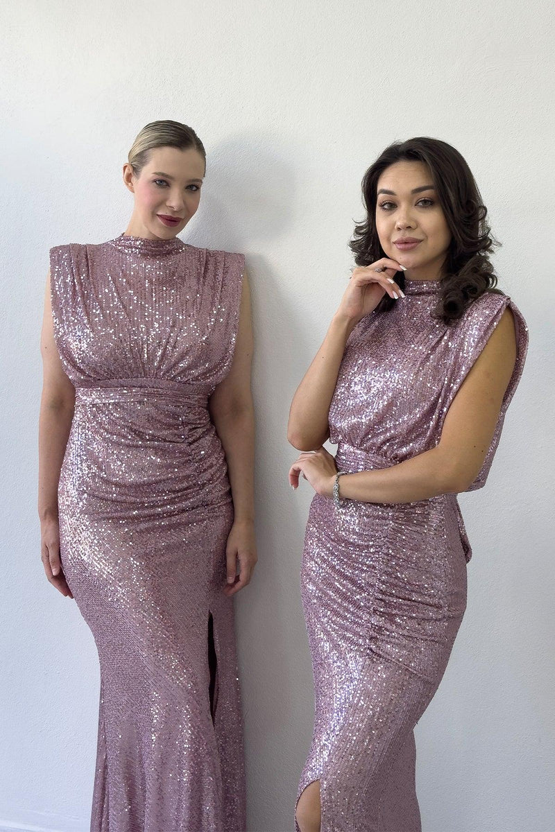 Women's Powder Pink High Neck Kuşak Detail Slit Sequin Evening Gown