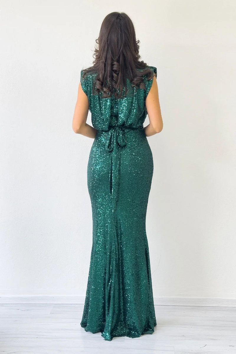 Women's Emerald Green High Neck Kuşak Detail Slit Sequin Evening Gown
