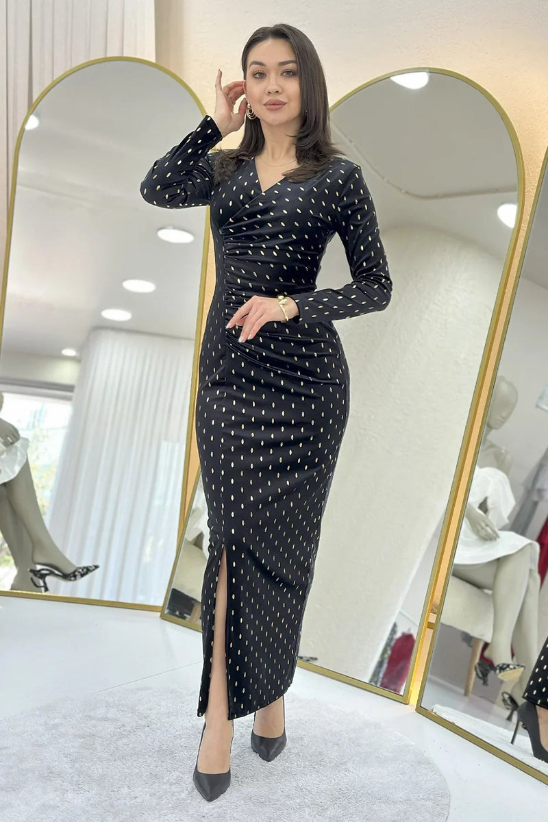 Women's Black Gold Patterned Draped Velvet Midi Pencil Dress