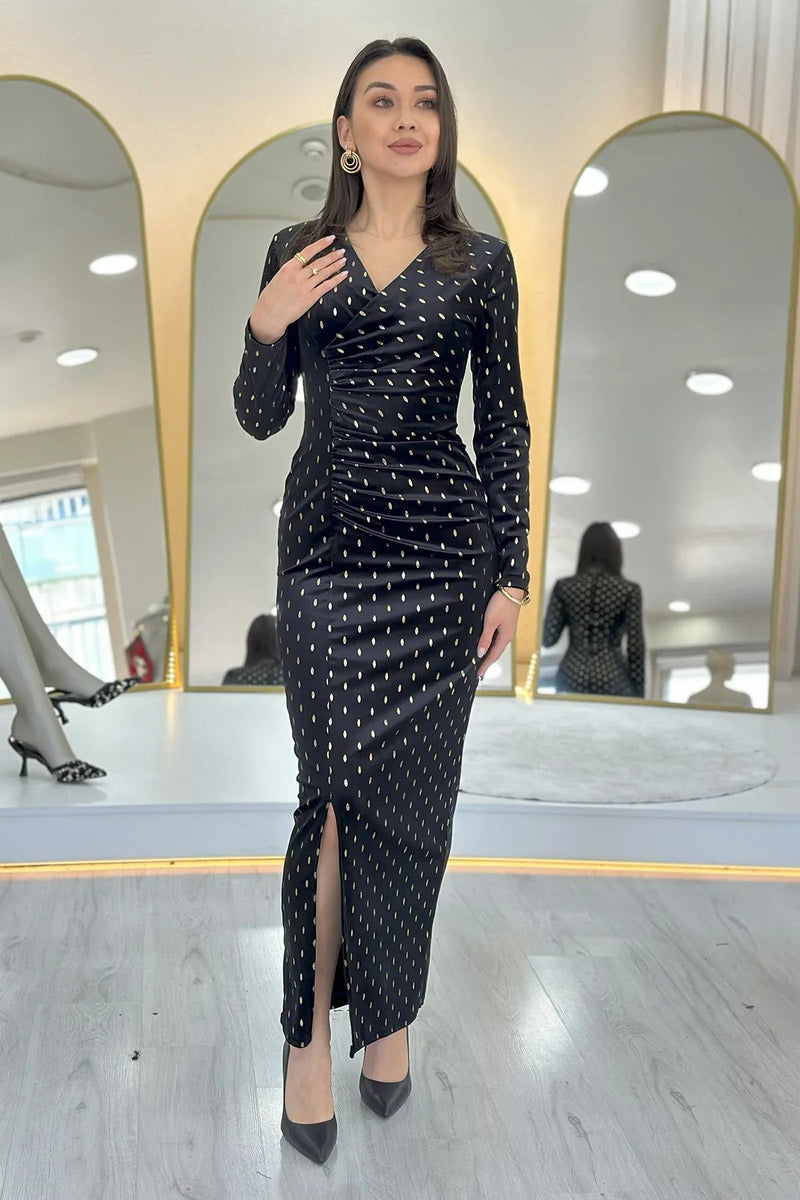 Women's Black Gold Patterned Draped Velvet Midi Pencil Dress