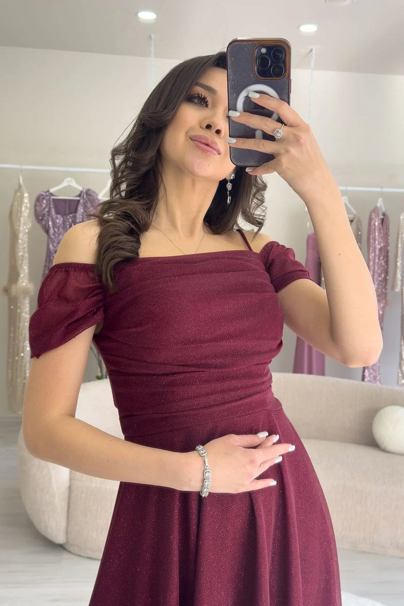 Women's Burgundy Midi Flared Strap Off-Shoulder Evening Gown