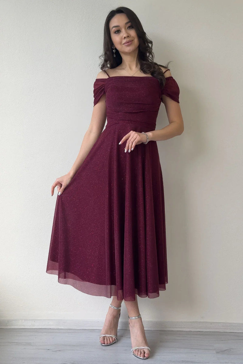 Women's Burgundy Midi Flared Strap Off-Shoulder Evening Gown