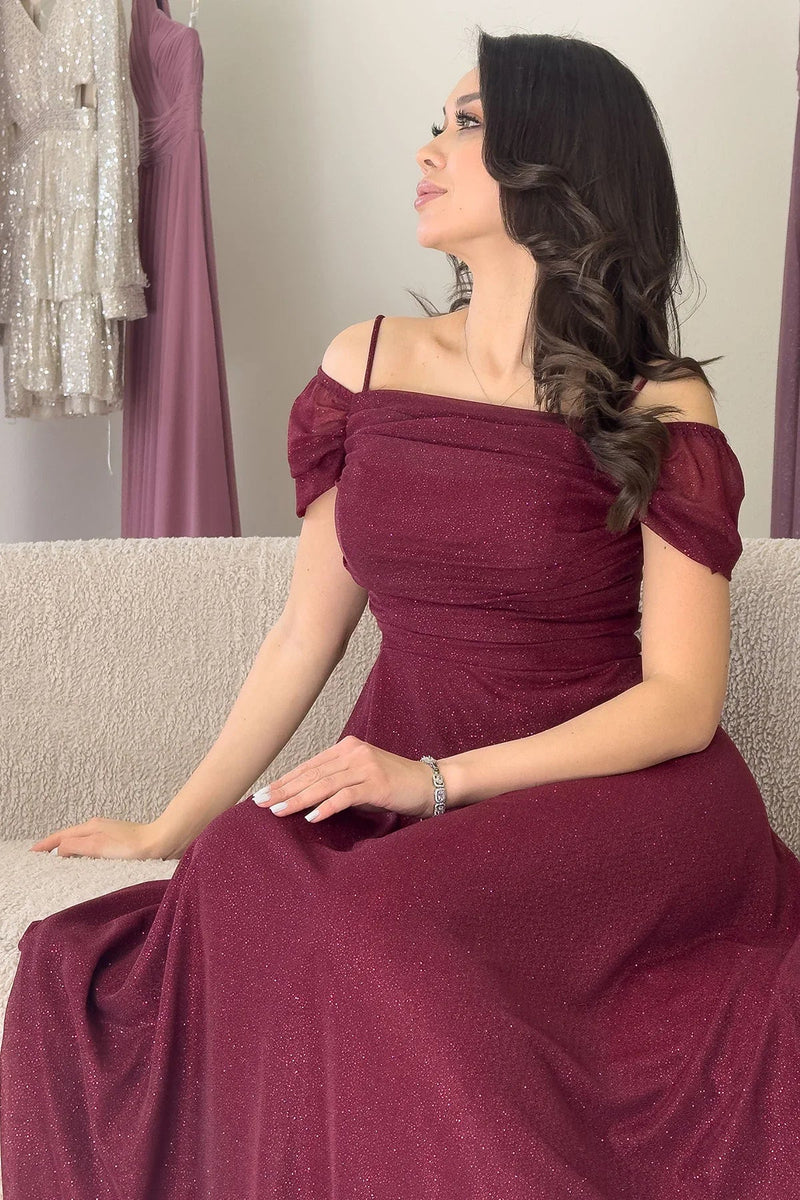 Women's Burgundy Midi Flared Strap Off-Shoulder Evening Gown