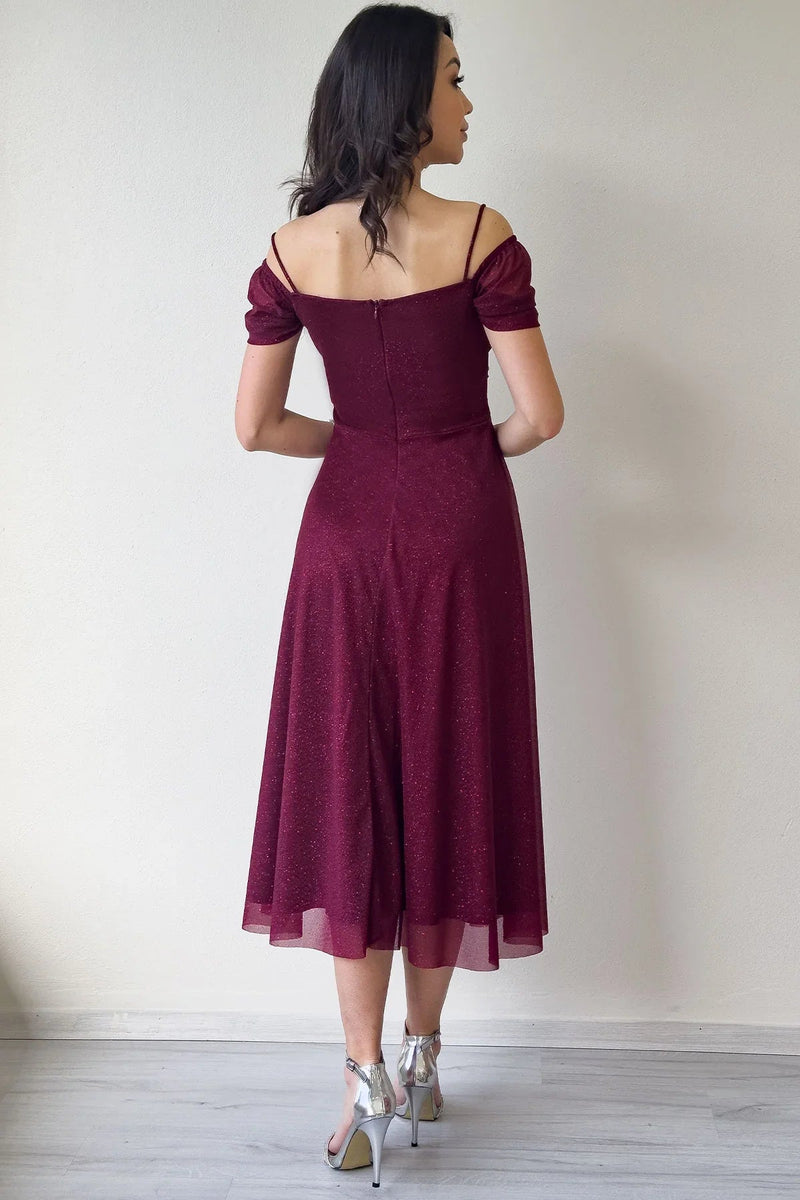 Women's Burgundy Midi Flared Strap Off-Shoulder Evening Gown