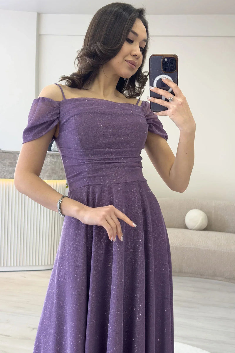 Women's Lilac Midi Flared Strap Off-Shoulder Evening Gown