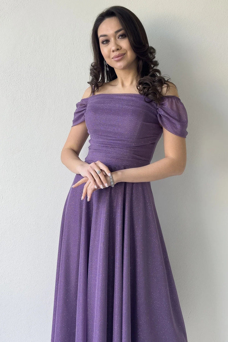 Women's Lilac Midi Flared Strap Off-Shoulder Evening Gown