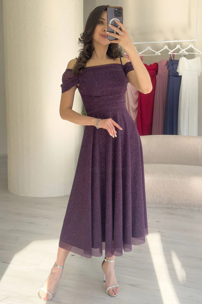 Women's Purple Midi Flared Strap Off-Shoulder Evening Gown