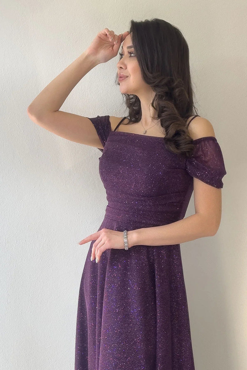 Women's Purple Midi Flared Strap Off-Shoulder Evening Gown