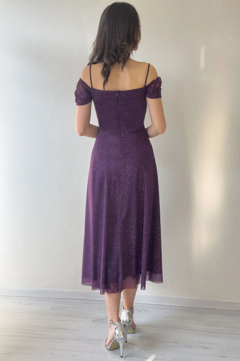 Women's Purple Midi Flared Strap Off-Shoulder Evening Gown