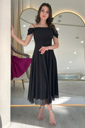 Black Midi-Length Low-Shoulder Evening Dress