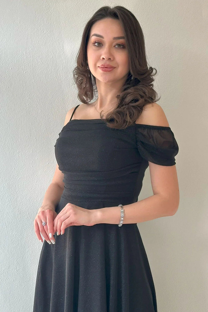 Women's Black Midi Flared Strap Off-Shoulder Evening Gown