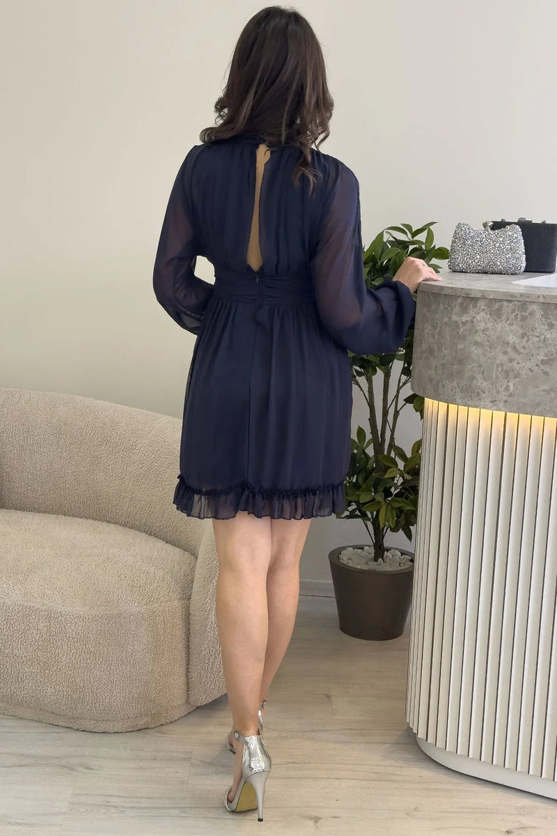Women's Navy Blue Sırt Dekolte Skirt Ucu Ruffled Mini Chiffon Dress