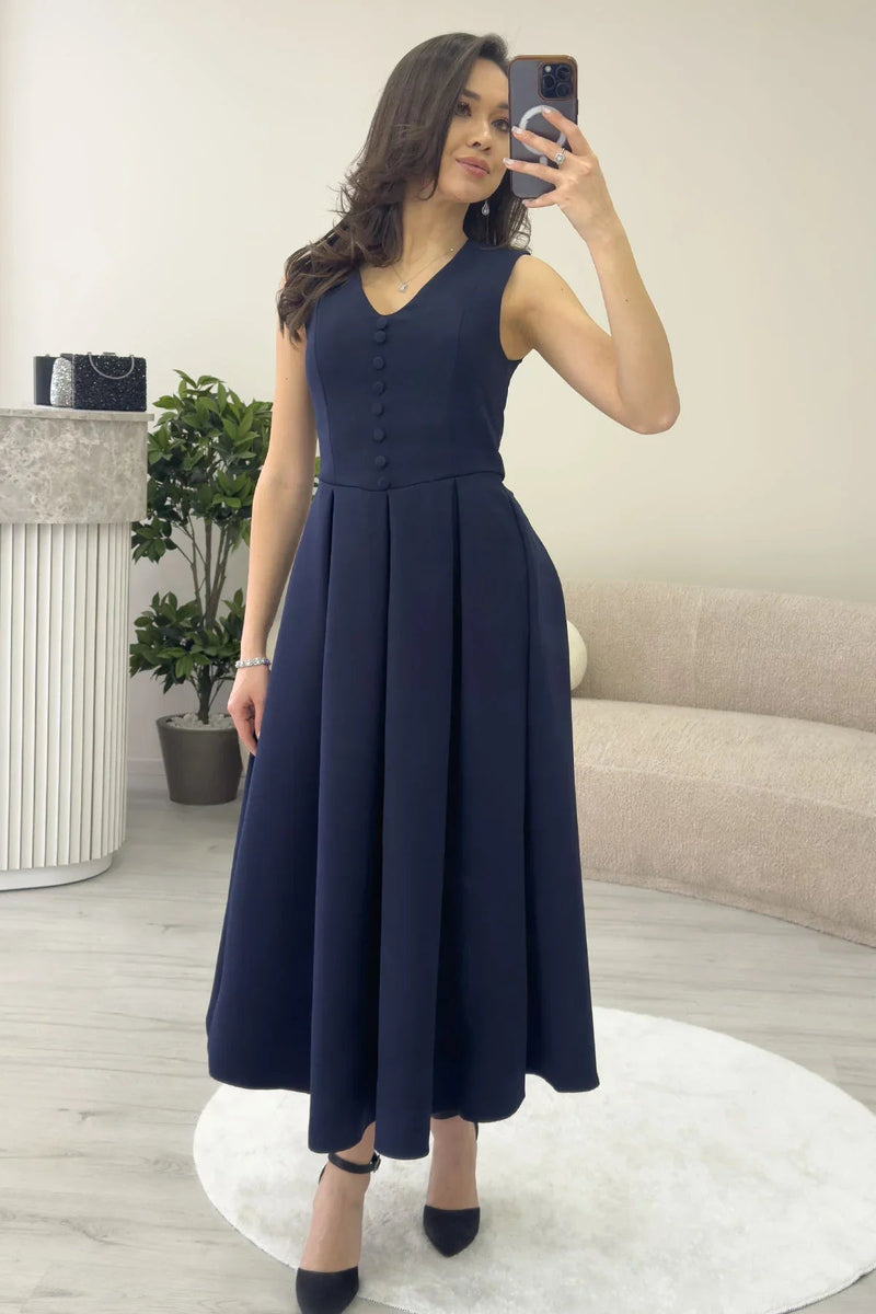 Women's Navy Blue V-Neck Düğme Detail Piliseli Midi Dress