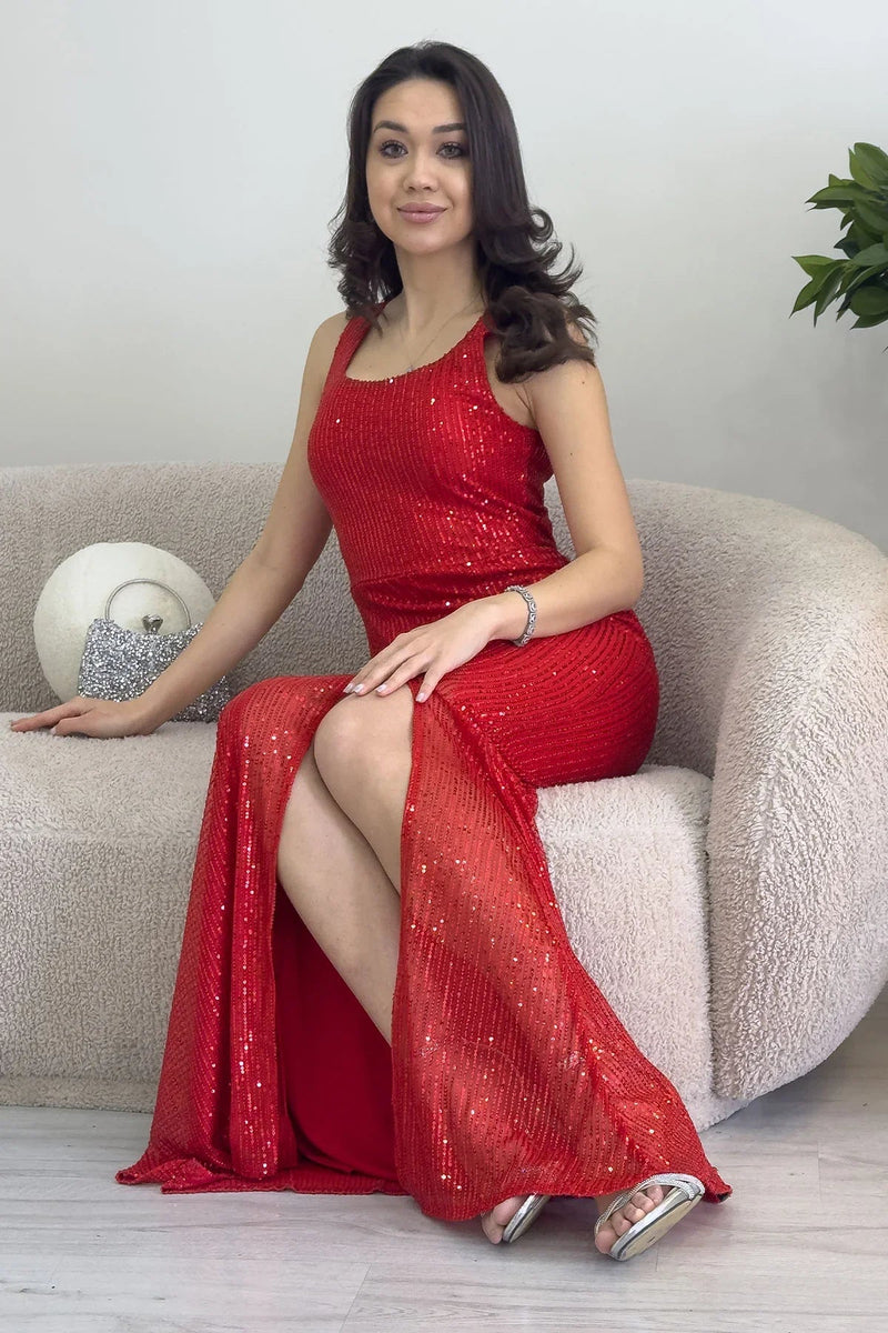 Women's Red Strap Slit Sequin Evening Gown