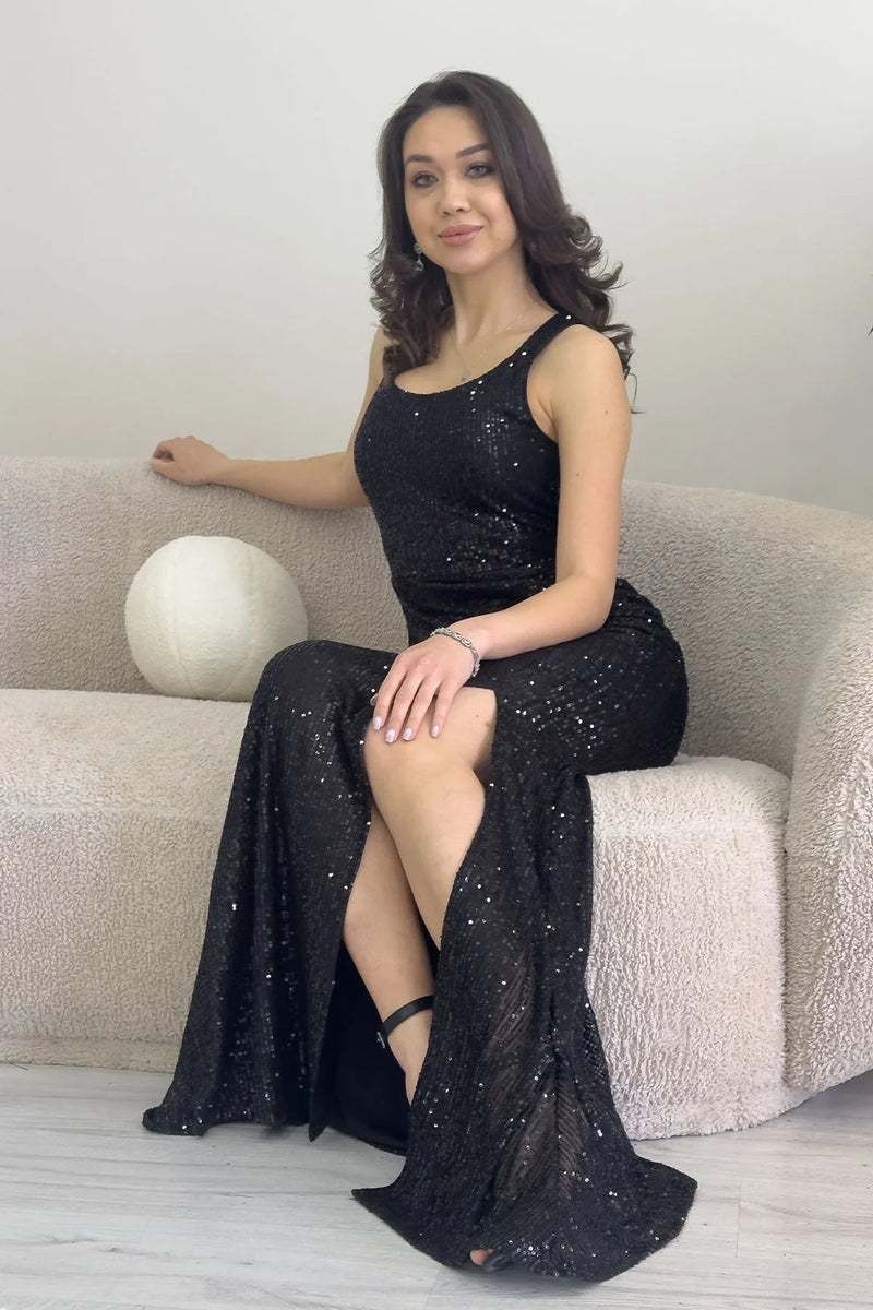 Women's Black Strap Slit Sequin Evening Gown