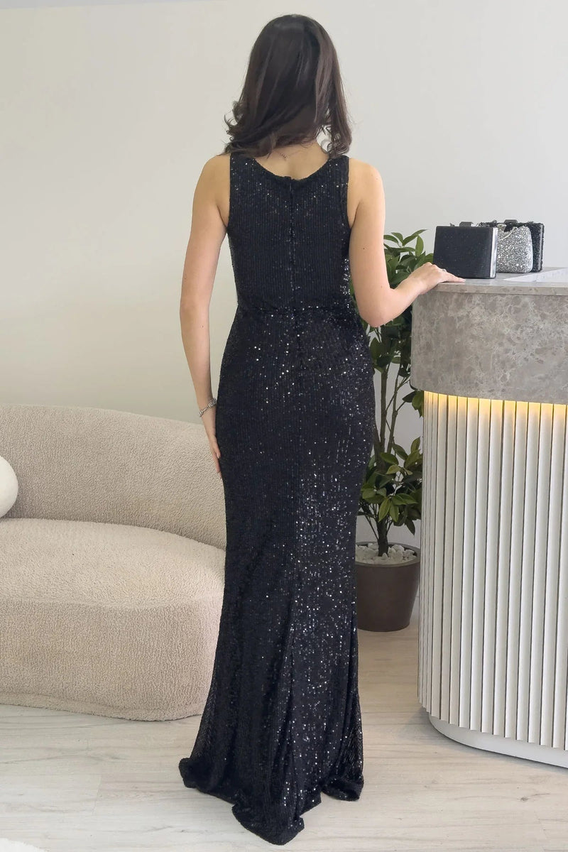 Women's Black Strap Slit Sequin Evening Gown