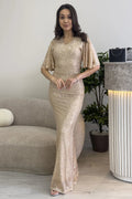 Women's Beige Ruffle Sleeve Sequined Fishtail Evening Dress