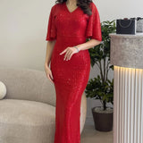 Women's Red Ruffled Sleeve Sequined Fishtail Evening Dress