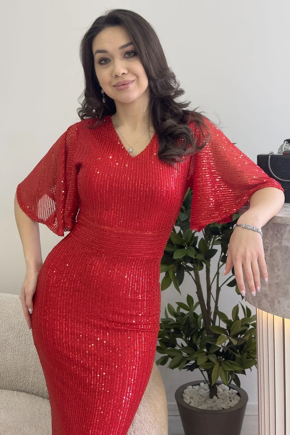 Women's Red Volan Sleeve Sequin Mermaid Evening Gown