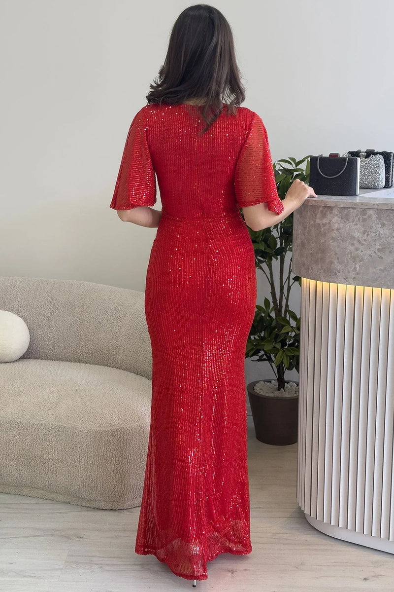 Women's Red Volan Sleeve Sequin Mermaid Evening Gown