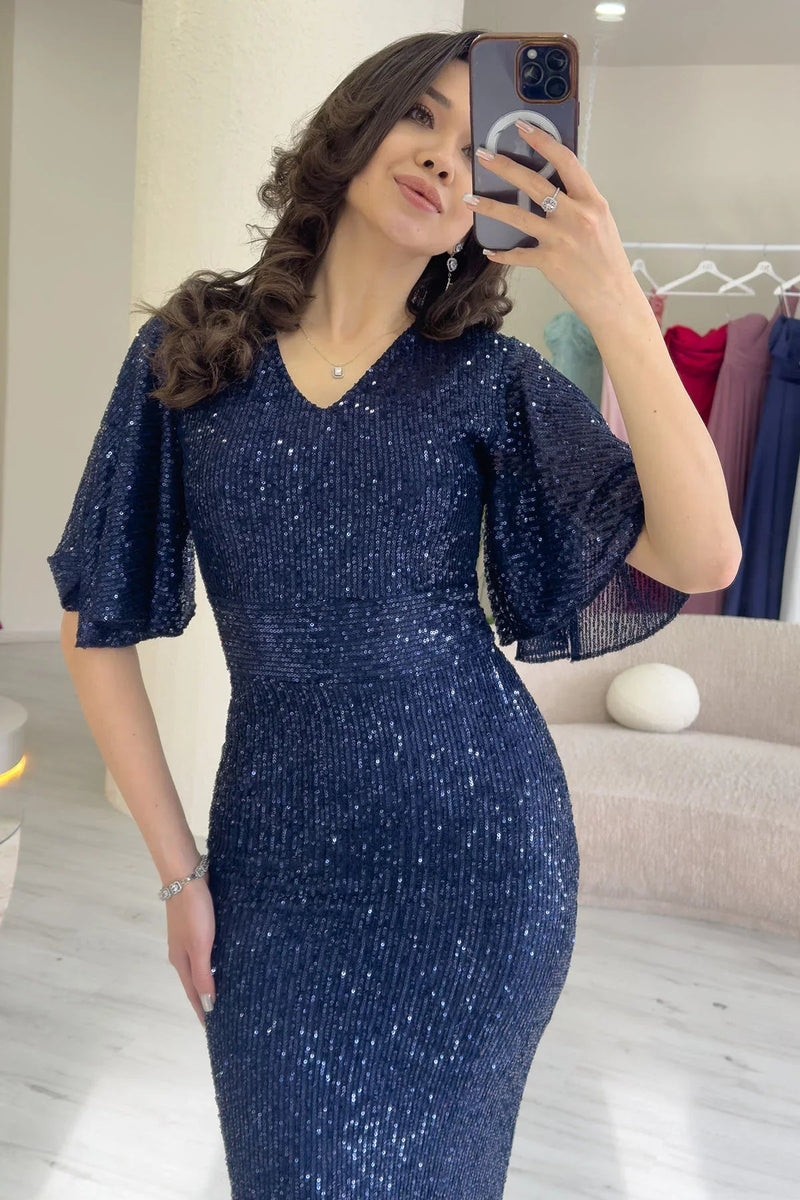 Women's Navy Blue Volan Sleeve Sequin Mermaid Evening Gown