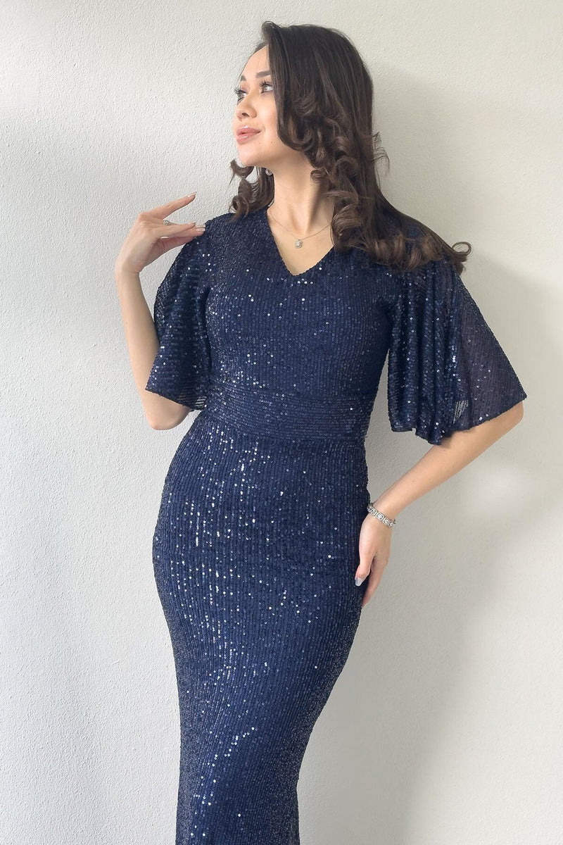Women's Navy Blue Volan Sleeve Sequin Mermaid Evening Gown