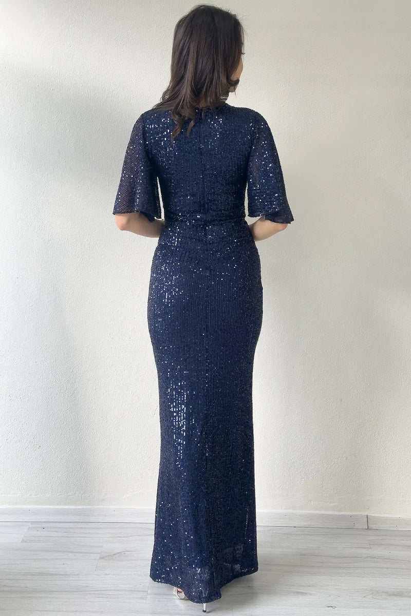 Women's Navy Blue Volan Sleeve Sequin Mermaid Evening Gown