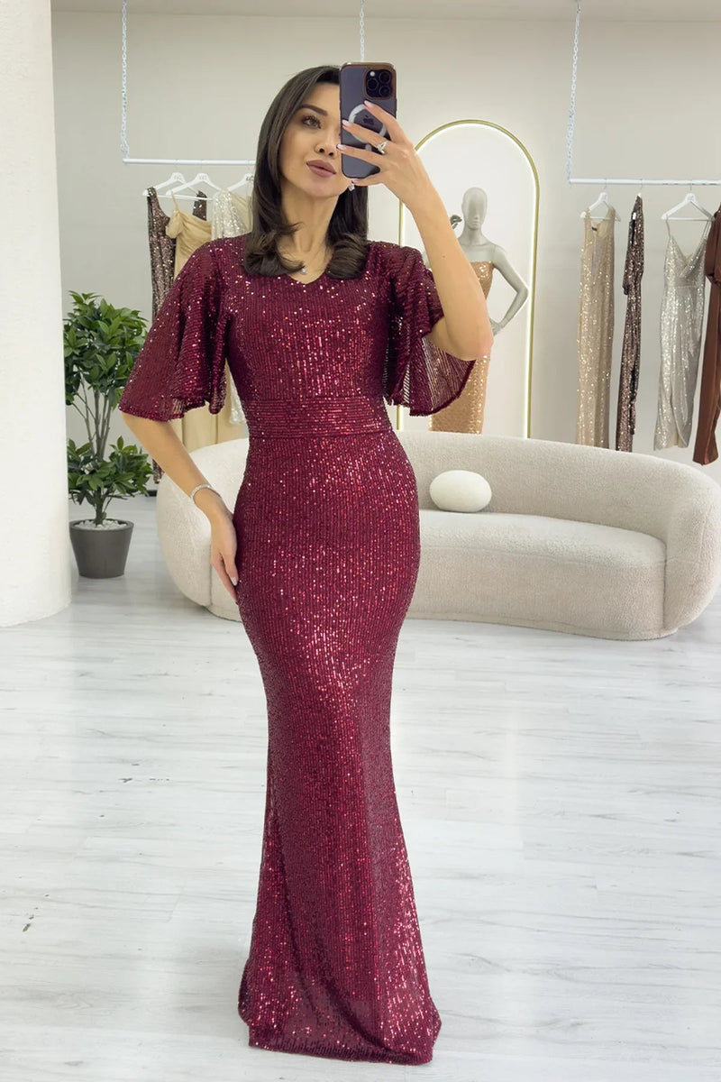 Women's Burgundy Volan Sleeve Sequin Mermaid Evening Gown