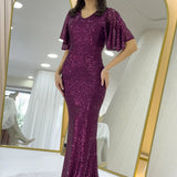 Women's Burgundy Ruffled Sleeve Sequined Fishtail Evening Dress