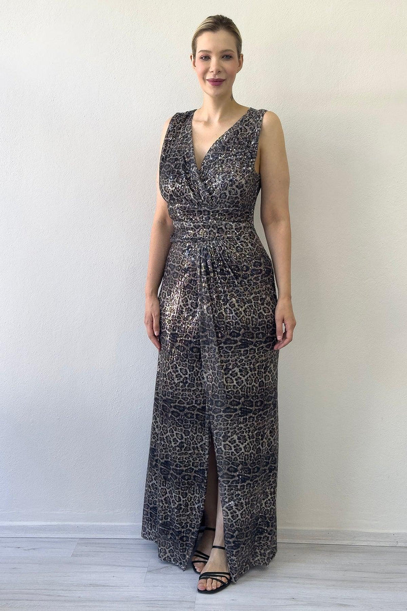 Women's Leopar Wrap Neck Sequin Tasarım Sleeveless Slit Mermaid Evening Gown