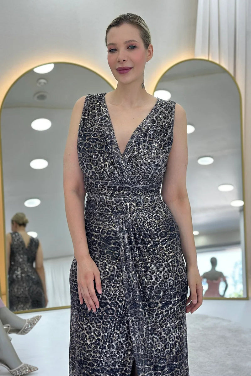Women's Leopar Wrap Neck Sequin Tasarım Sleeveless Slit Mermaid Evening Gown