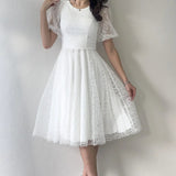 White Midi Short Sleeve Glitter Evening Dress