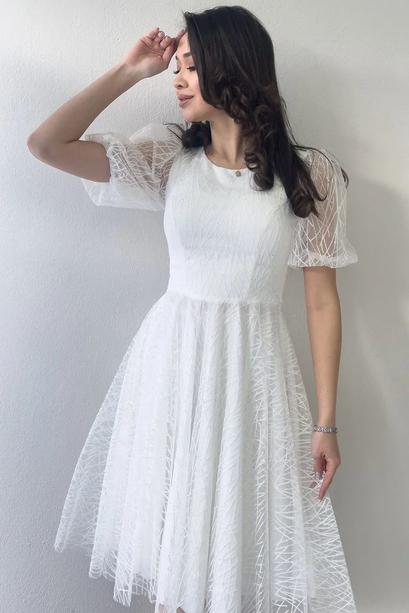 Women's White Balloon Sleeve Glitter Flared Midi Evening Gown