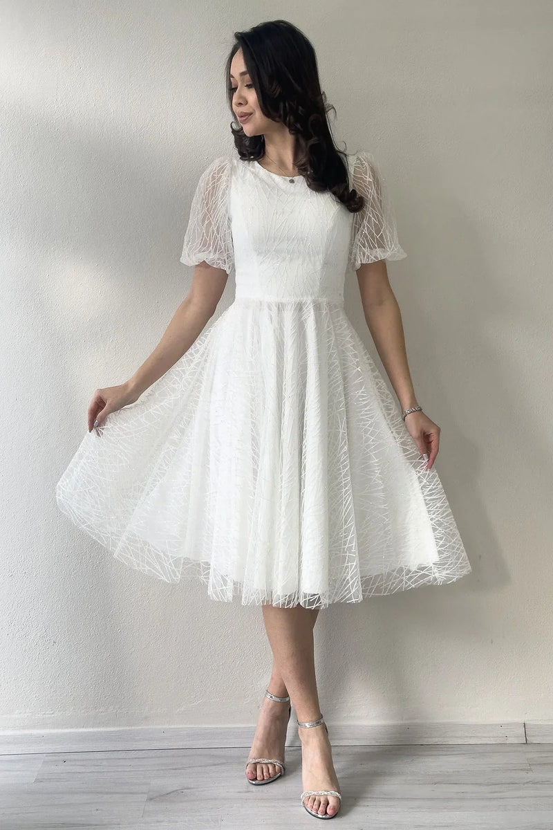 Women's White Balloon Sleeve Glitter Flared Midi Evening Gown