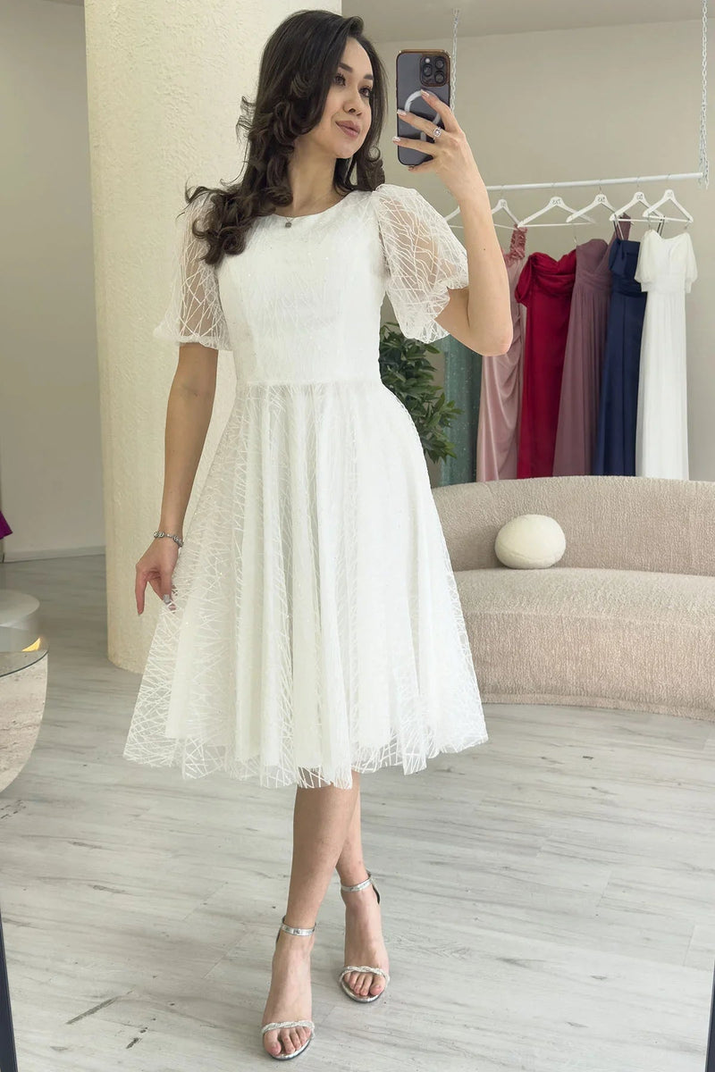 Women's White Balloon Sleeve Glitter Flared Midi Evening Gown