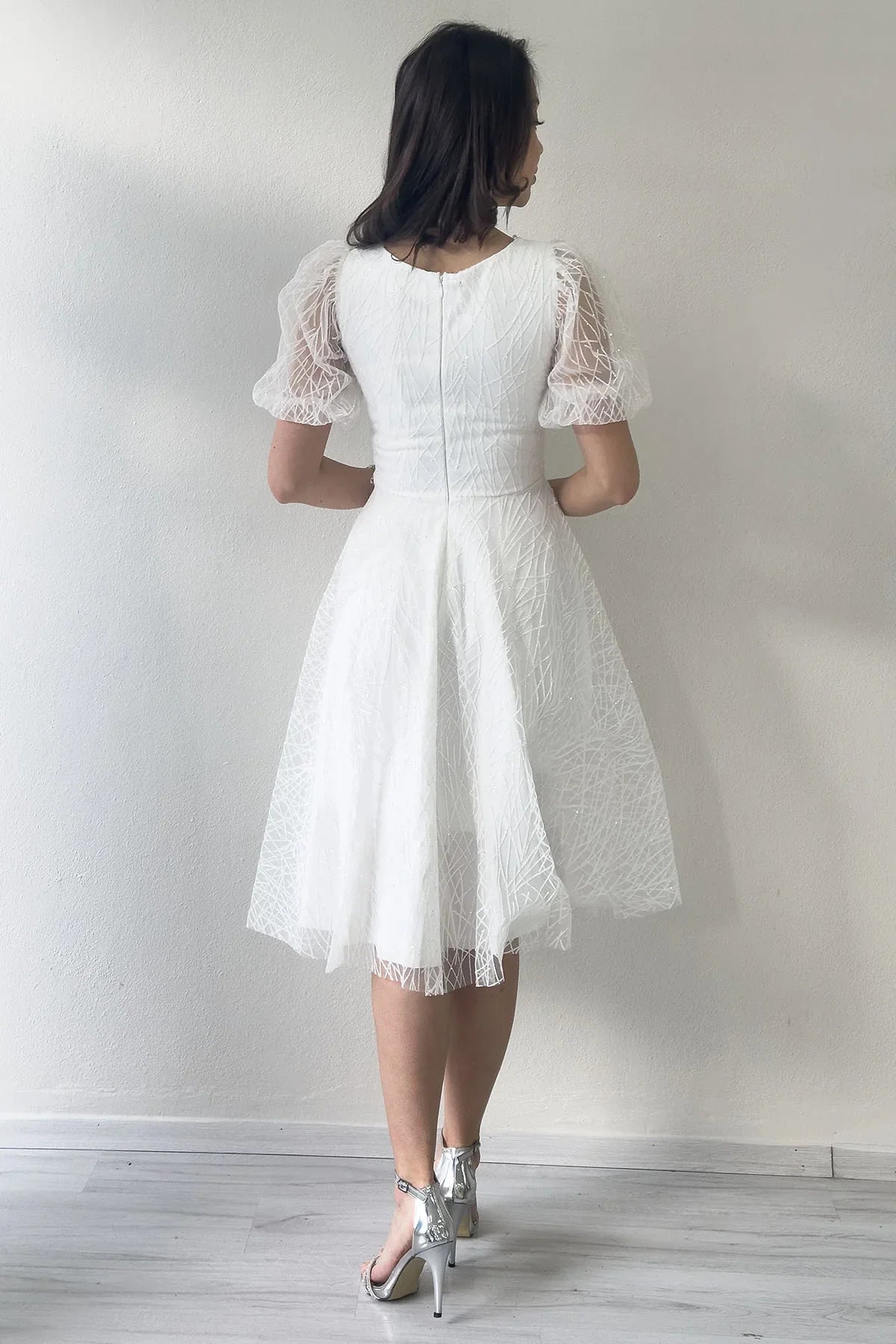 Women's White Balloon Sleeve Glitter Flared Midi Evening Gown