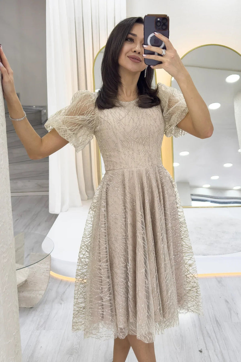 Women's Gold Balloon Sleeve Glitter Flared Midi Evening Gown