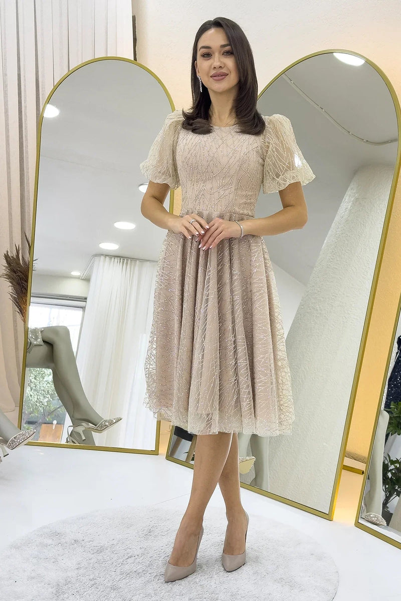 Women's Gold Balloon Sleeve Glitter Flared Midi Evening Gown