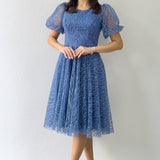 Indigo Midi Short Sleeve Glitter Evening Dress