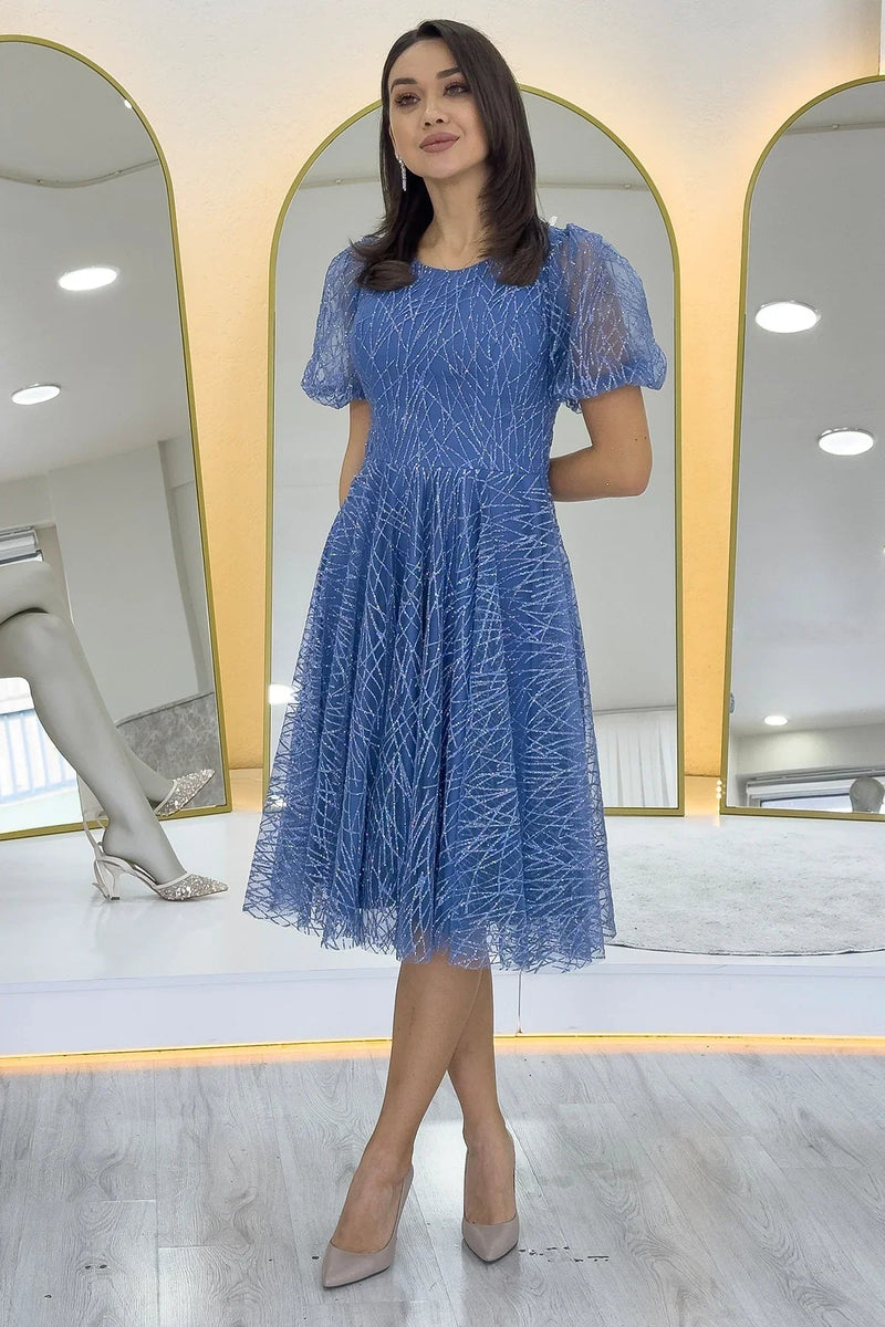 Women's Indigo Balloon Sleeve Glitter Flared Midi Evening Gown